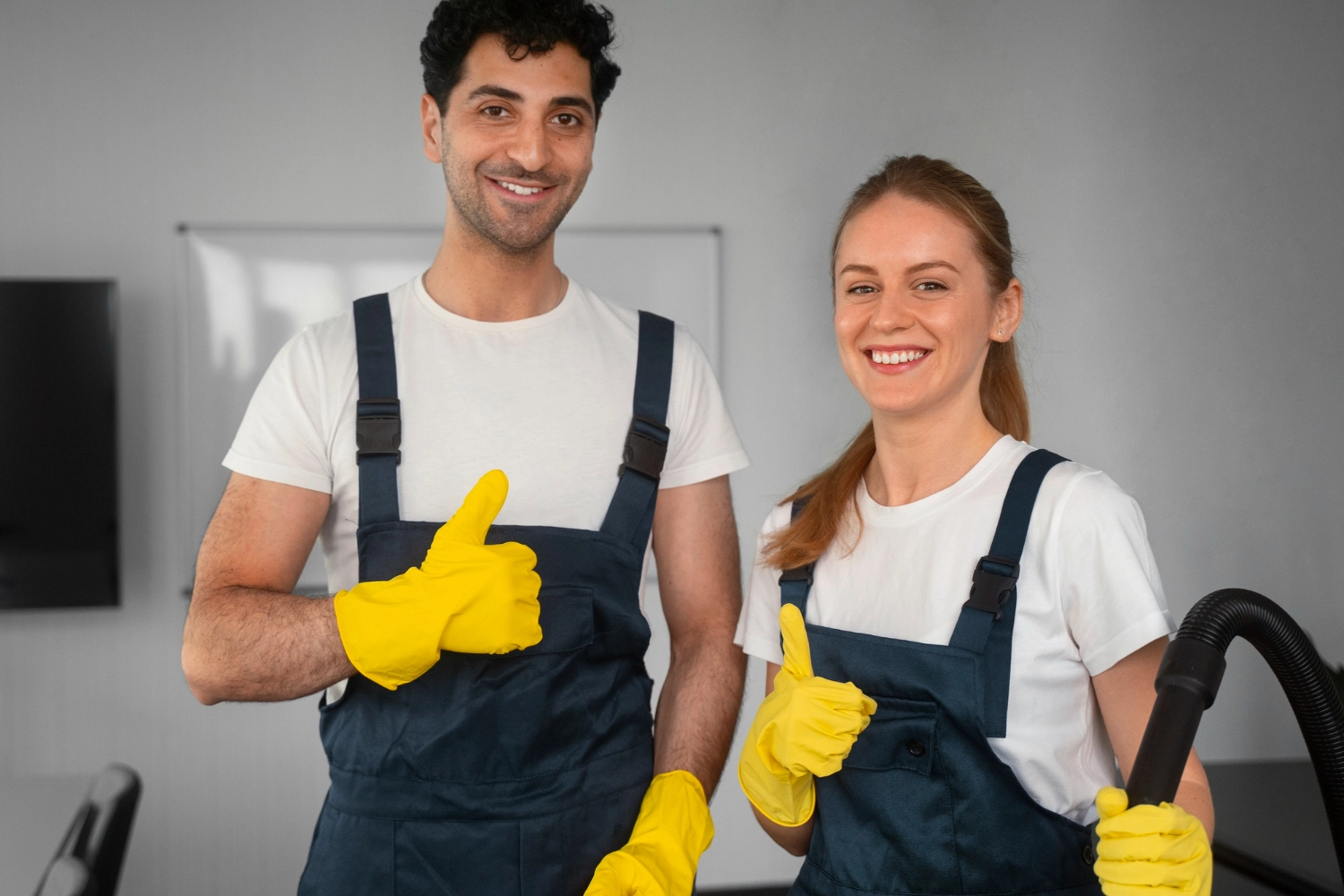 Simply Clean Niederrhein - Professionelle Reinigung - Ein lächelndes Reinigungspaar, bestehend aus einem Mann und einer Frau in dunkelblauen Overalls, weißen T-Shirts und gelben Gummihandschuhen, zeigt jeweils den Daumen nach oben.