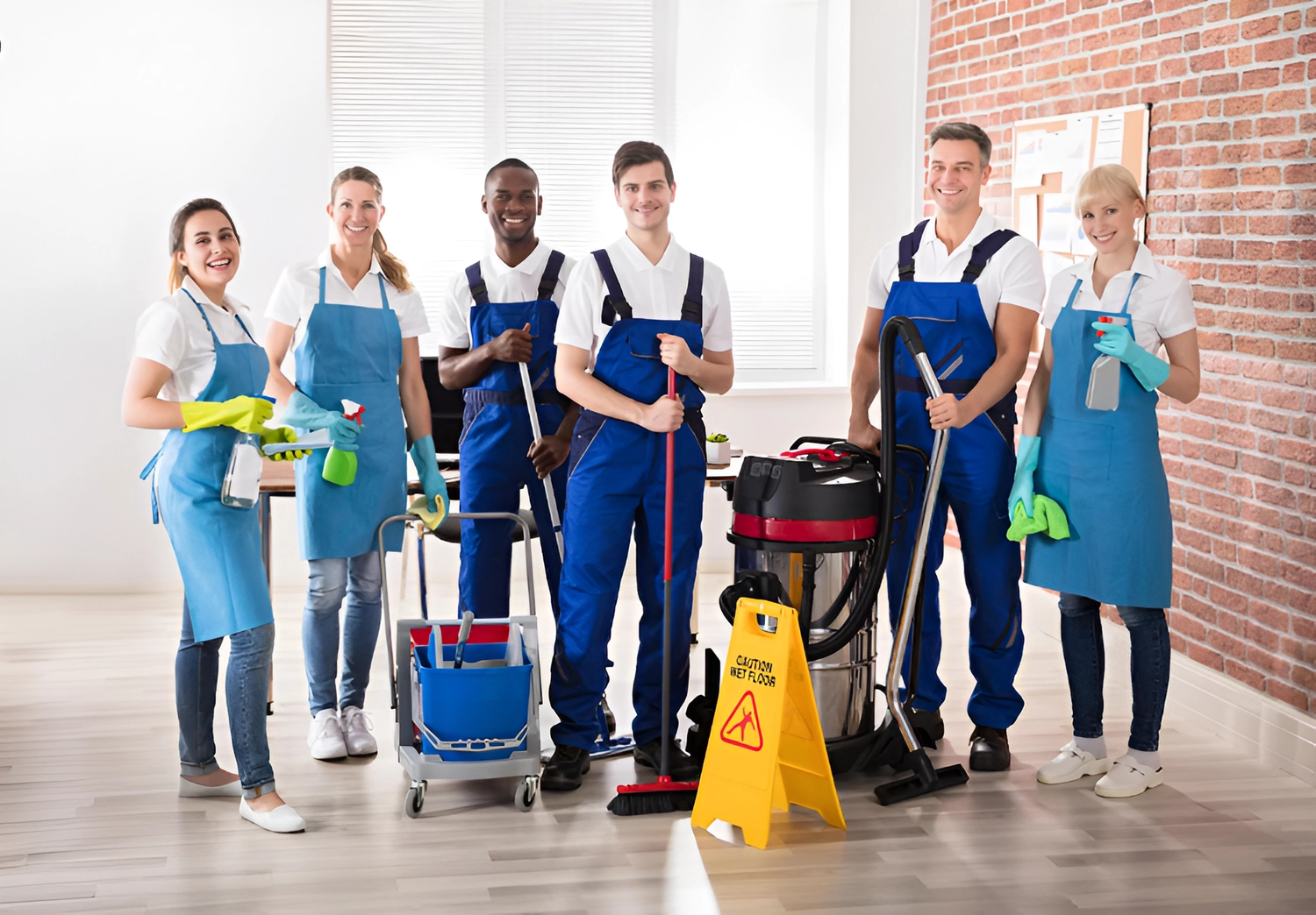 Simply Clean Niederrhein - Professionelle Reinigung - Ein gemischtes Team aus sechs professionellen Reinigungskräften in blau-weißen Uniformen, die in einer Büroumgebung zusammen lächeln, ausgestattet mit Staubsauger, Mopp, Reinigungswagen und gelbem Warnschild.