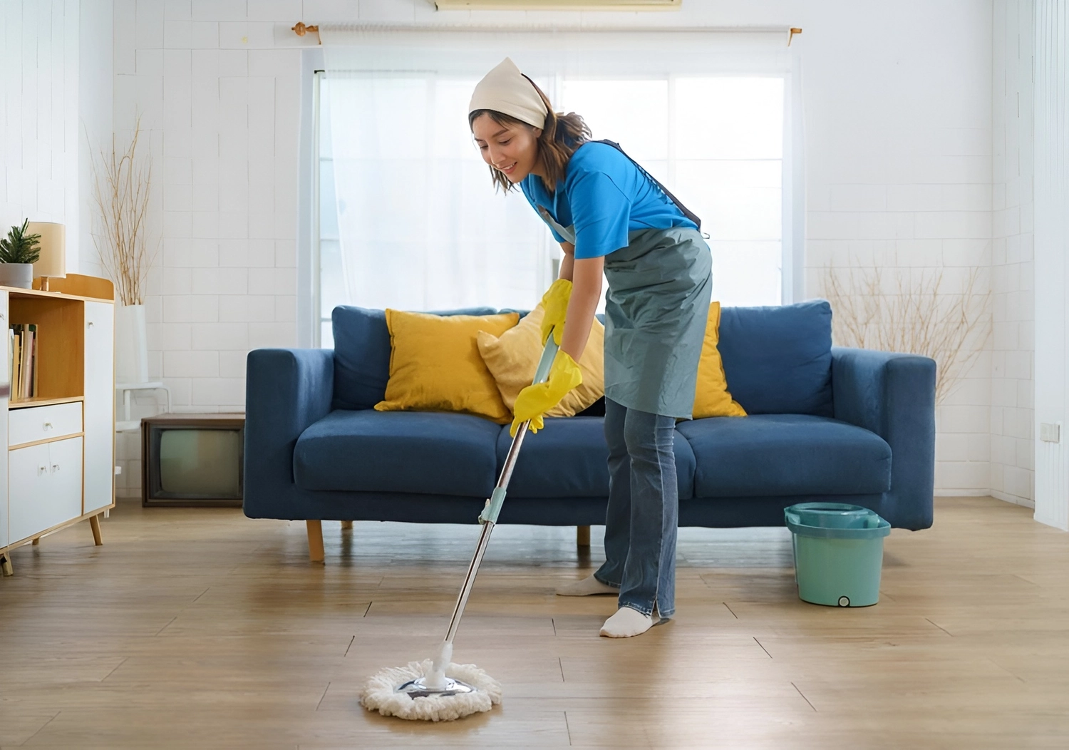 Simply Clean Niederrhein - Professionelle Reinigung - Hier reinigt eine Frau ihren Wohnzimmerboden mit einem Mikrofasermopp und einem Eimer.
